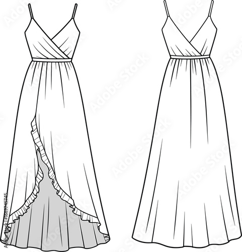 Fashion flat sketch of women’s long maxi dress with spaghetti straps, wrap front bodice, ruffle hem detail, elegant evening wear design.