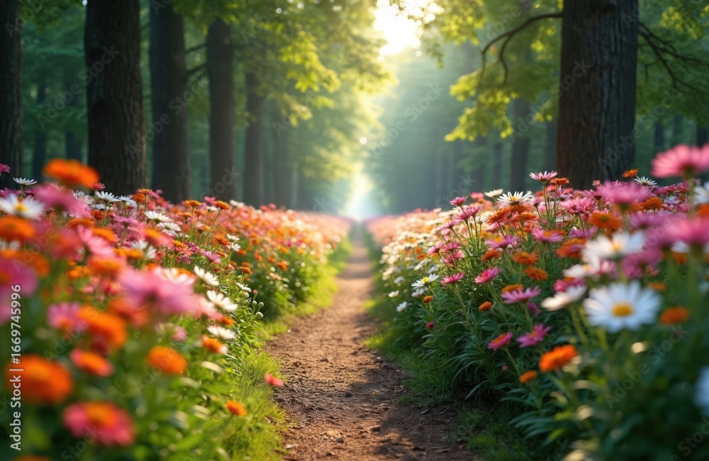 Obraz premium Solitary dirt path winds through vibrant garden blooming with colorful flowers. Tall trees line forest road, with rich plants, soft sunlight creating tranquil, natural scene. Ideal for relaxation