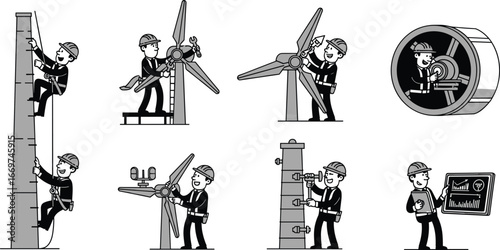 Wind turbine maintenance and operation illustrations with climbing, blade repair, inspection, diagnostics, monitoring, control panel work, renewable energy engineering, sustainable power scenes