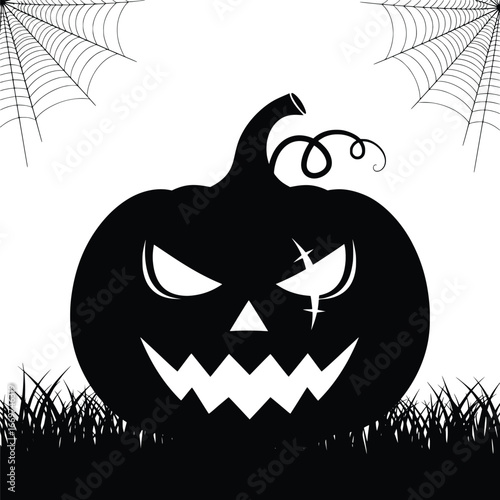 Spooky black silhouette of a jackolantern with a carved scary face and spiderwebs in the background, halloween elements set