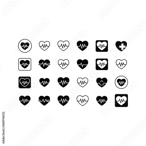 Collection of heartbeat ekg and medical icons representing health care and cardiology