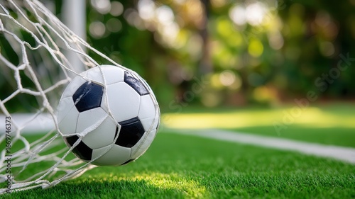Soccer ball scoring, smashing into net against lush green pitch contrast in monochrome background