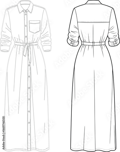 Fashion technical flat sketch of long sleeve shirt dress with belt, front pocket, button down design, casual women’s clothing illustration.