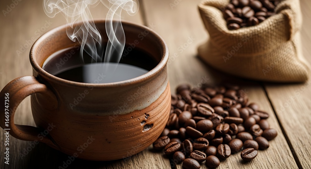 Fototapeta premium Steaming Cup of Black Coffee with Roasted Beans.