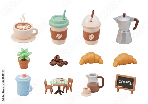 3D Coffee Shop Icon Set with Latte, Croissant, Coffee Machine and Cafe Elements
