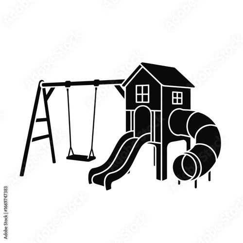Black silhouette of a wooden playground with swings slide and tunnel