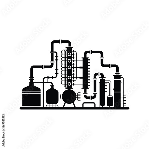 Industrial chemical distillation plant icon featuring towers tanks and piping for manufacturing processes