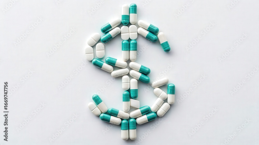 Fototapeta premium Bright pills forming a dollar icon on white background — concept for pharmacy costs and finance