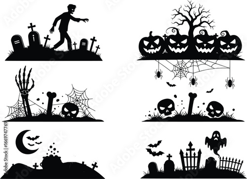 Halloween silhouette collection with spooky graveyard elements, pumpkins, ghosts, zombies, and skeletons halloween elements set
