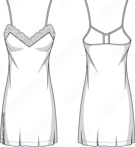 Technical fashion flat sketch of women lingerie slip dress with lace neckline, spaghetti straps, nightwear clothing template, vector apparel design illustration.