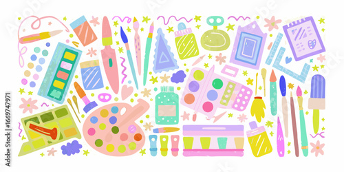 Cheerful Assortment of Art Supplies and Creative Tools on White artist artistic