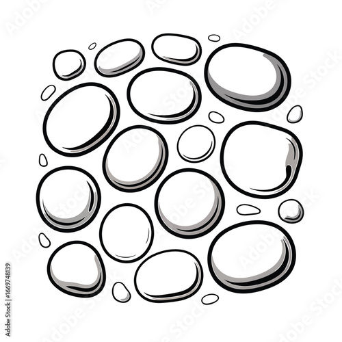 Arrangement of smooth rounded river stones and pebbles in a scattered pattern