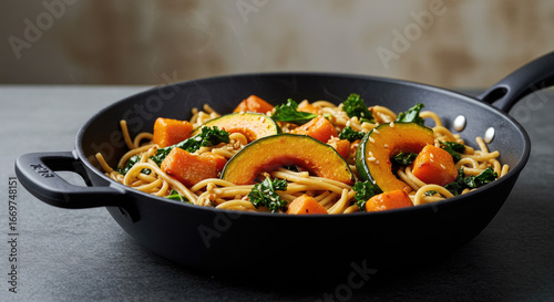 Delicious Steaming Pasta with Butternut Squash and Kale.