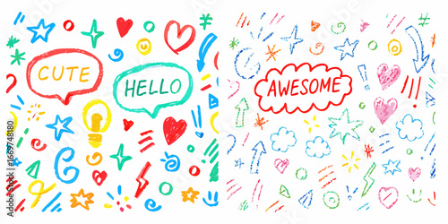 Colorful Hand Drawn Doodle Elements With Speech Bubbles And Hearts drawing illustration