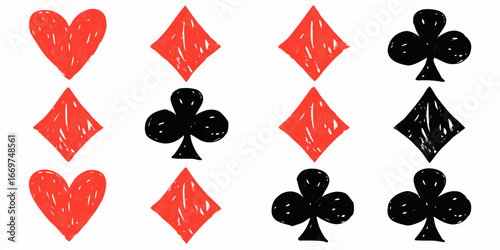 Twelve Hand Drawn Playing Card Suits Hearts Diamonds Clubs and Spades playing cards