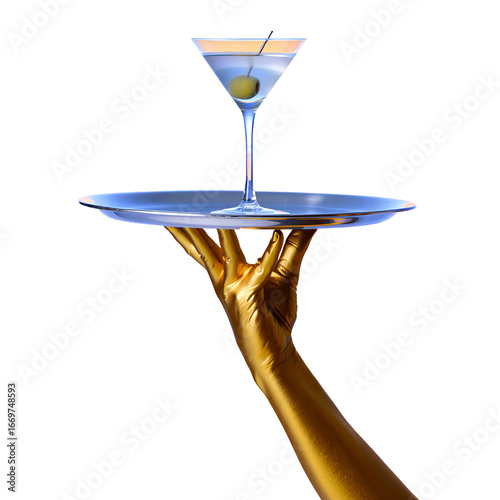 Golden metallic hand holding a blue-tinted martini glass with clear liquid, photorealistic digital art in cinematic lighting, modern luxury concept, 8k resolution