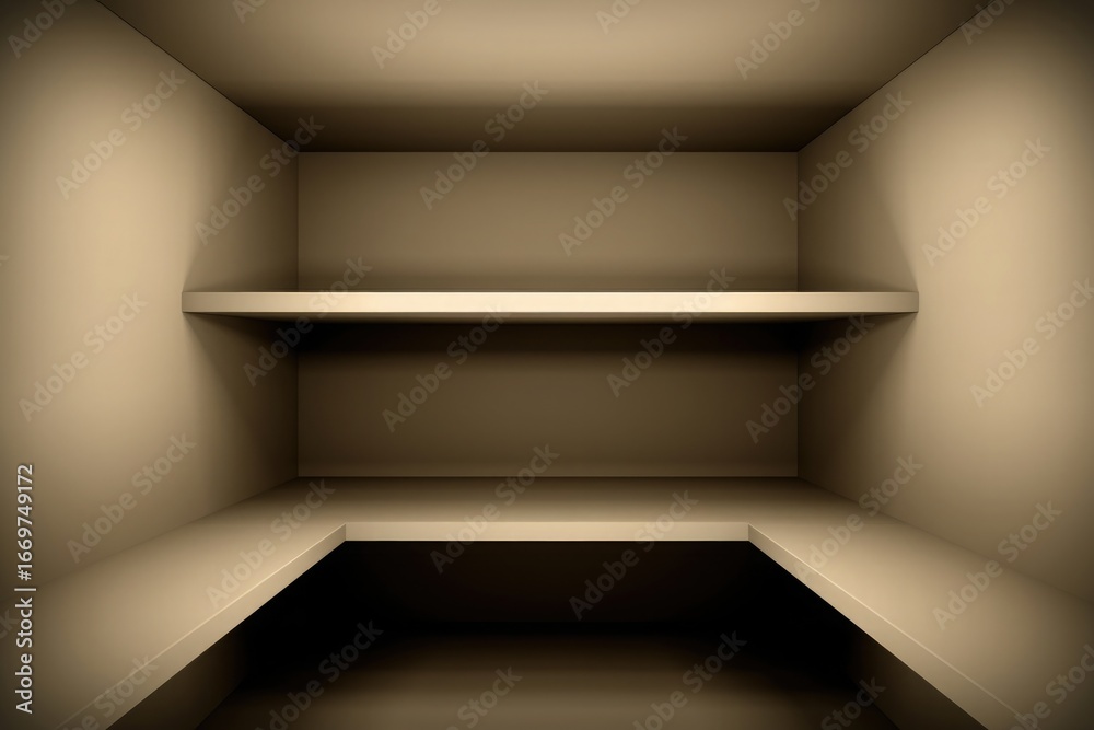 Fototapeta premium Realistic vector illustration of an empty shelf in a room corner, neutral beige and brown tones, soft lighting, high-resolution