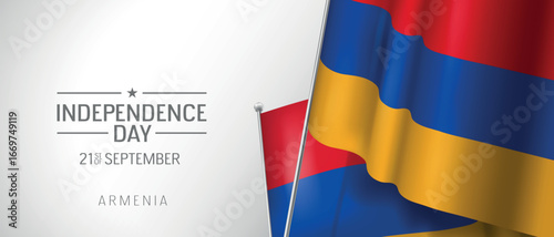 Armenia happy independence day greeting card, banner vector illustration. Armenian national holiday 21st of September design element with 3D flag