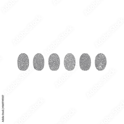 Abstract black and white fingerprint patterns representing identity and uniqueness in a row