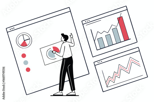 Person engaging with data analytics dashboard vector illustration with pie chart, bar chart and line charts. Business intelligence visualization concept.