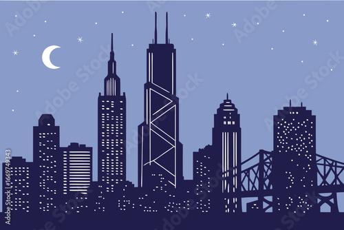 Nighttime city skyline vector illustration with skyscraper and bridge under crescent moon