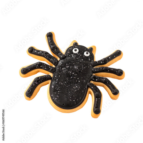 A black and gold spider shaped cookie with white eyes and small sprinkles. Ideal for spooky Halloween projects.