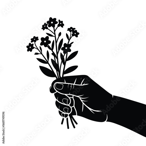Black silhouette of a hand holding a small bouquet of flowers