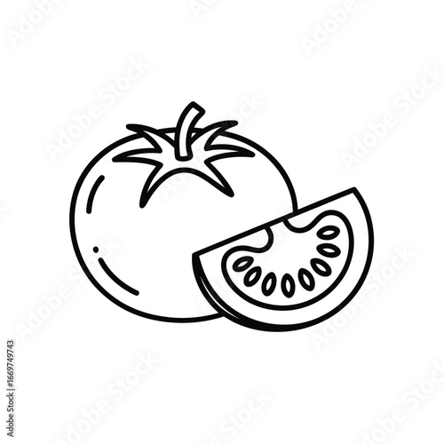 Simple line drawing of a whole tomato and a slice of tomato