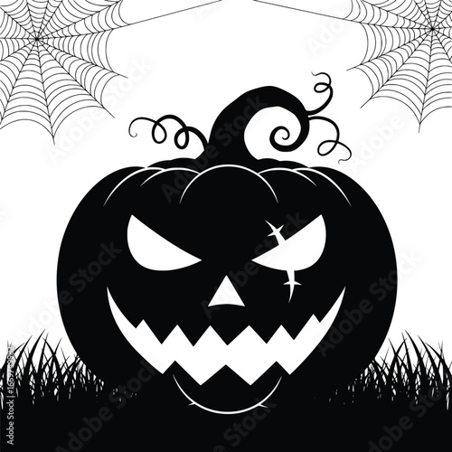 Spooky black silhouette of a jackolantern with a carved scary face and cobwebs, halloween elements set