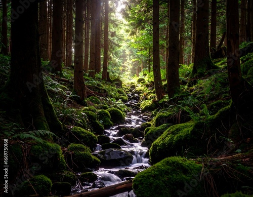 Sunlight streams through a mossy forest creek