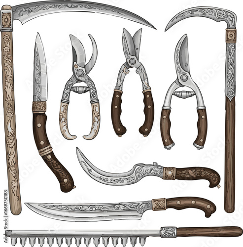 create need kinds of different Agriculture manual cutting tools victor art on white background