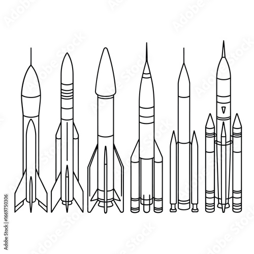 Collection of diverse rocket designs in a line drawing style