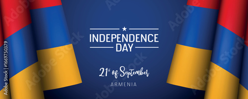 Armenia independence day vector banner, greeting card. Armenian wavy flag in 21st of September national patriotic holiday horizontal design