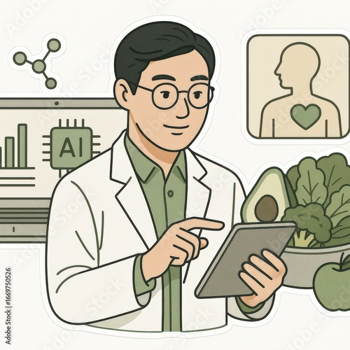 Expert dietitian analyzing health trends using artificial intelligence, presenting nutritional insights through a tablet, with a focus on healthy eating habits and plant-based lifestyle choices