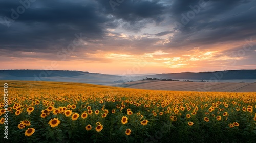 Fototapeta Naklejka Na Ścianę i Meble -  A cinematic wide-angle shot of a field of sunflowers glowing under dramatic sunset colors