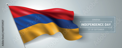 Armenia happy independence day greeting card, banner vector illustration. Armenian national holiday 21st of September design element with realistic flag