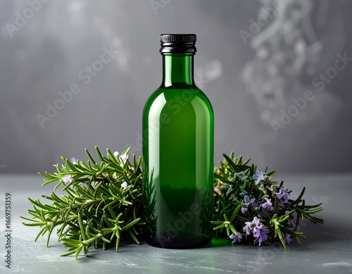 Green glass hair tonic bottle surrounded by rosemary flowers. Creates a natural, fresh, and nourishing look for healthy hair care.