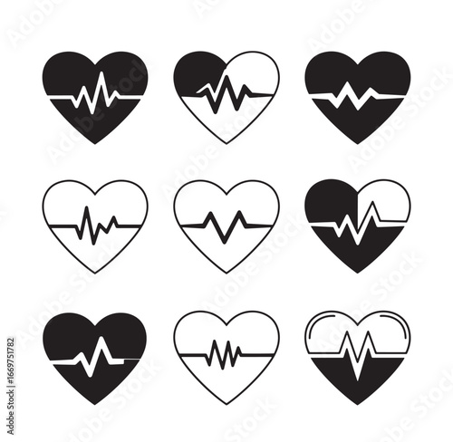 Vector illustration of heart symbols with ekg or ecg lines in various designs