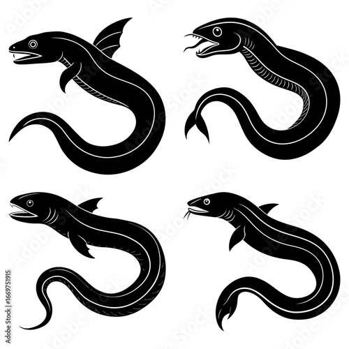 Four black eels with different poses and open mouths set against a white background in a vector format