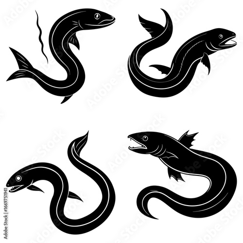 Four black eel illustrations in various swimming positions on a white background in vector format