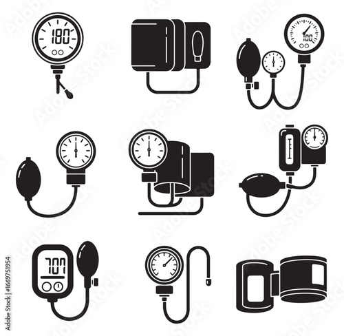 Vector illustration of various blood pressure monitors and measurement devices