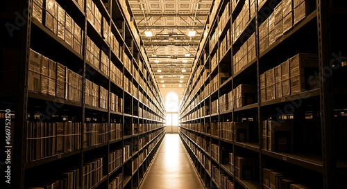 A vast warehouse interior, filled with meticulously organized boxes on metal shelves, creating a long corridor that leads towards a central light source.