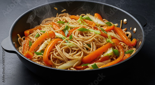 Delicious Stirfried Noodles with Peppers and Vegetables.