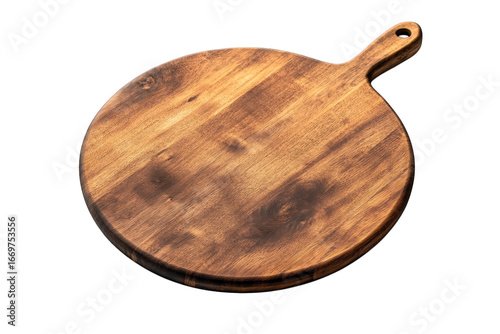 Round wooden cutting board with a handle, isolated on transparent background