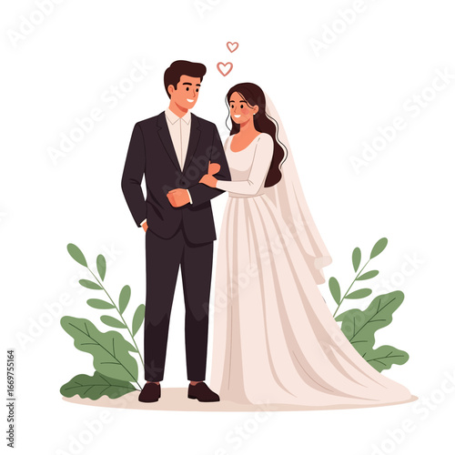 Flat style vector illustration of a smiling bride and groom standing together with hearts above them, symbolizing romance, love, marriage, and happiness, perfect for wedding invitations and designs
