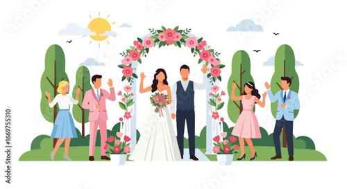 Flat style vector illustration of a wedding ceremony with bride, groom, bridesmaids, and groomsmen under a floral arch, celebrating love, marriage, and unity in an outdoor setting