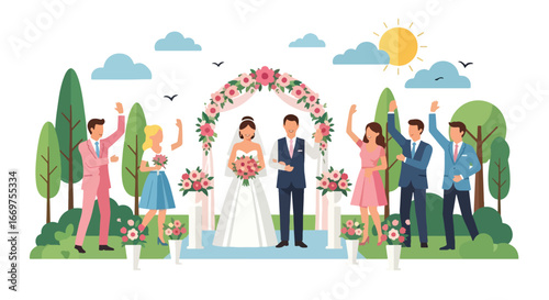 Flat style vector illustration of a wedding ceremony with bride, groom, bridesmaids, and groomsmen under a floral arch, celebrating love, marriage, and unity in an outdoor setting