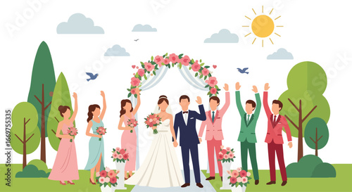 Flat style vector illustration of a wedding ceremony with bride, groom, bridesmaids, and groomsmen under a floral arch, celebrating love, marriage, and unity in an outdoor setting