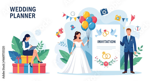 Flat style vector illustration of a wedding planner organizing a celebration with bride, groom, balloons, gifts, and invitations, symbolizing marriage, romance, and event planning services