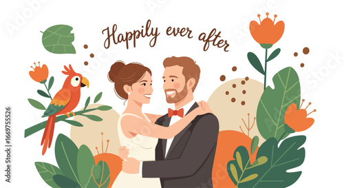 Flat style vector illustration of a smiling wedding couple embracing with “Happily Ever After” text, surrounded by tropical flowers and a parrot, symbolizing romance, love, and celebration